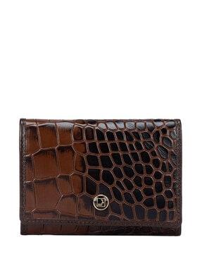 croc-embossed card holder with metal logo accent