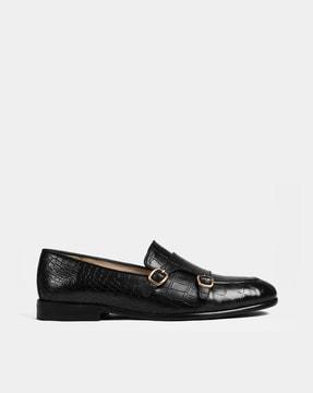 croc-embossed double strap monks