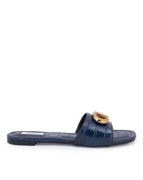 croc-embossed flat sandals with metal accent
