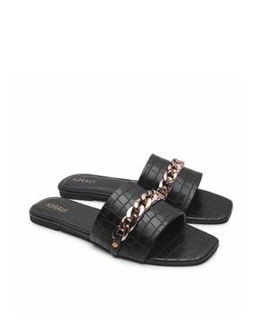 croc-embossed slip-on sandals with chain accent