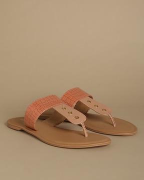 croc pattern t-strap flat sandals