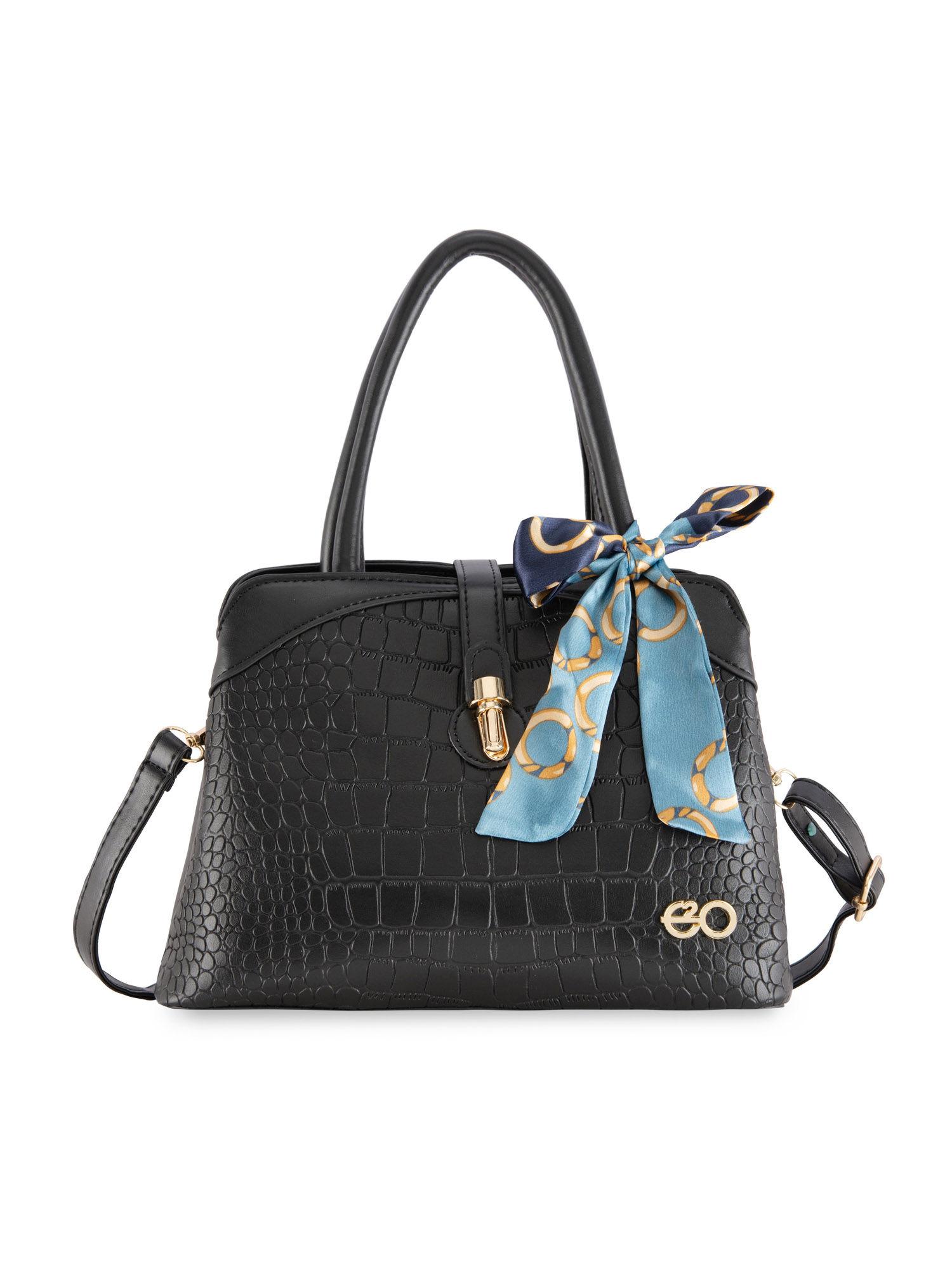 croc structured black satchel handbag for women