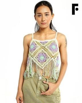 crochet halter-neck top with tassels