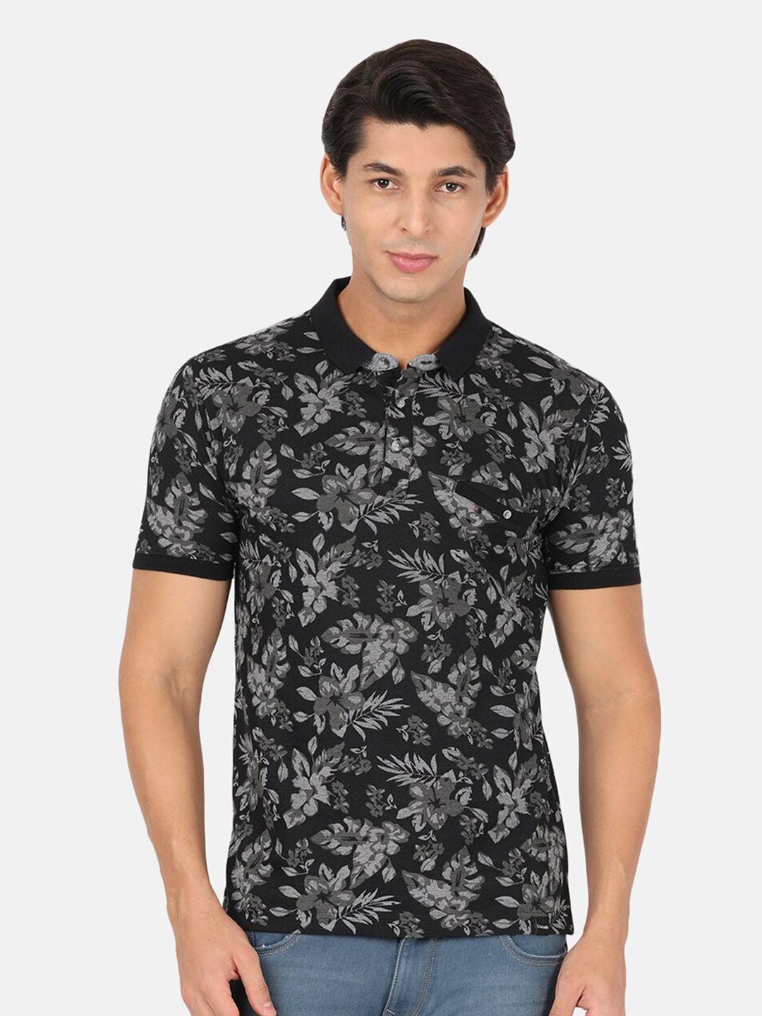 crocodile men black & grey floral printed polo collar slim fit t-shirt
