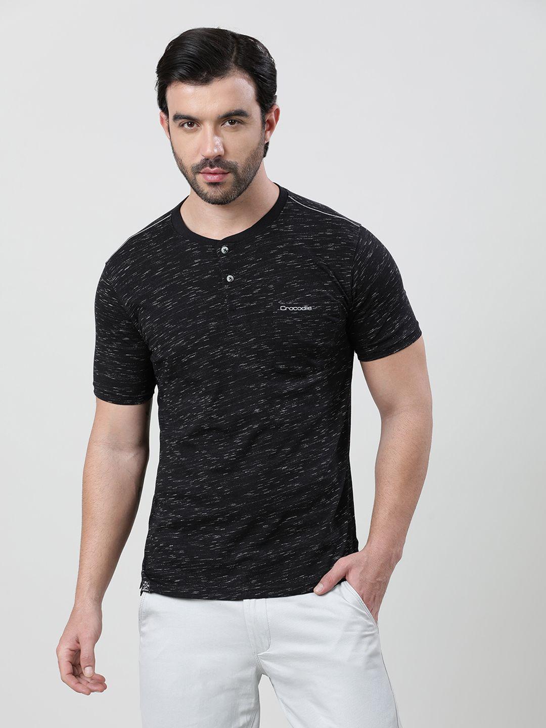 crocodile abstract printed henley neck cotton slim fit t-shirt