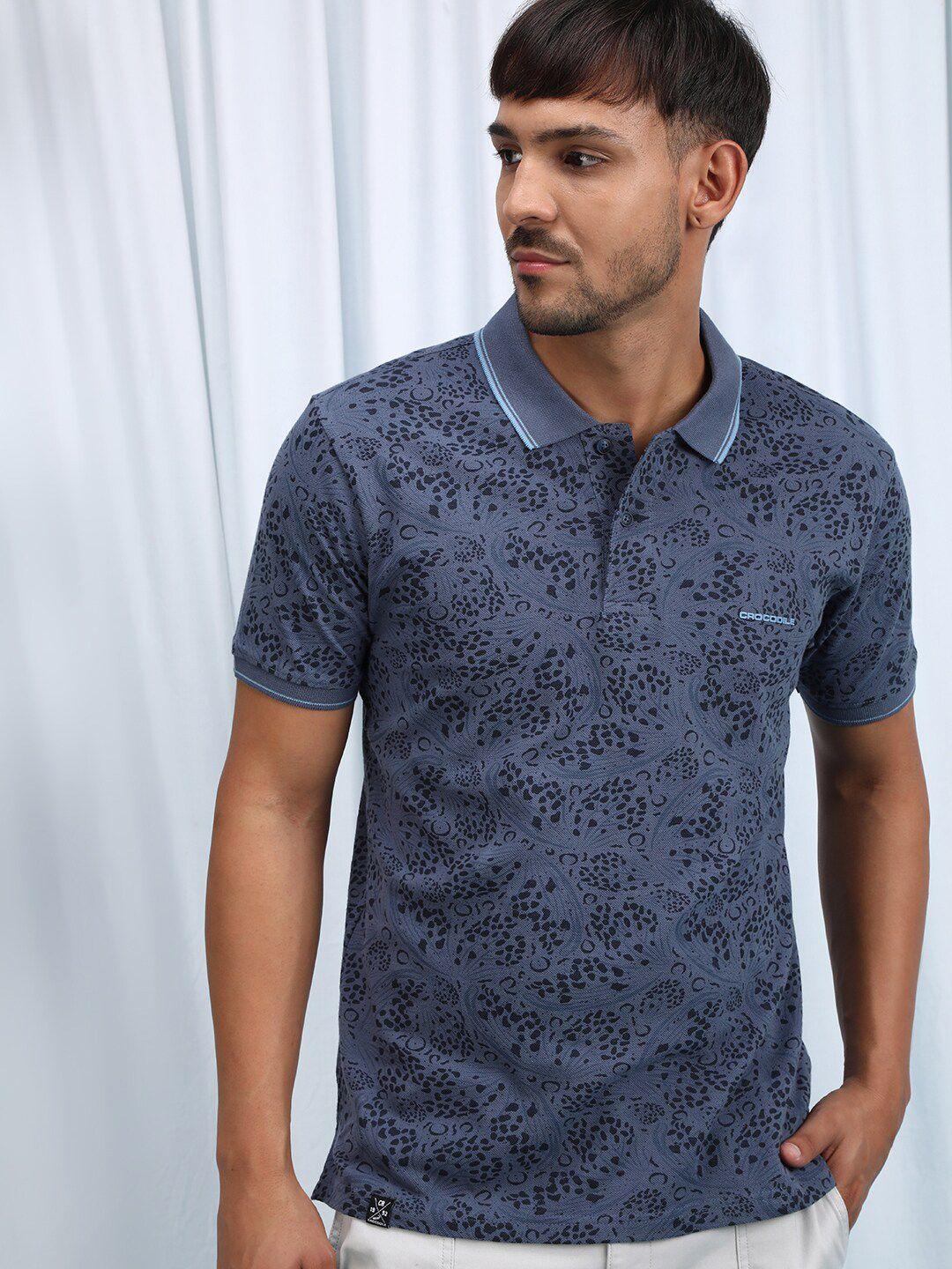 crocodile ethnic motifs printed polo collar cotton t-shirt