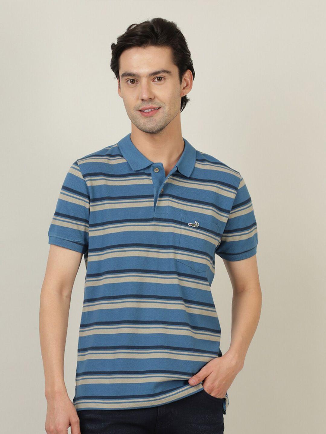 crocodile men blue & beige striped polo collar slim fit cotton t-shirt