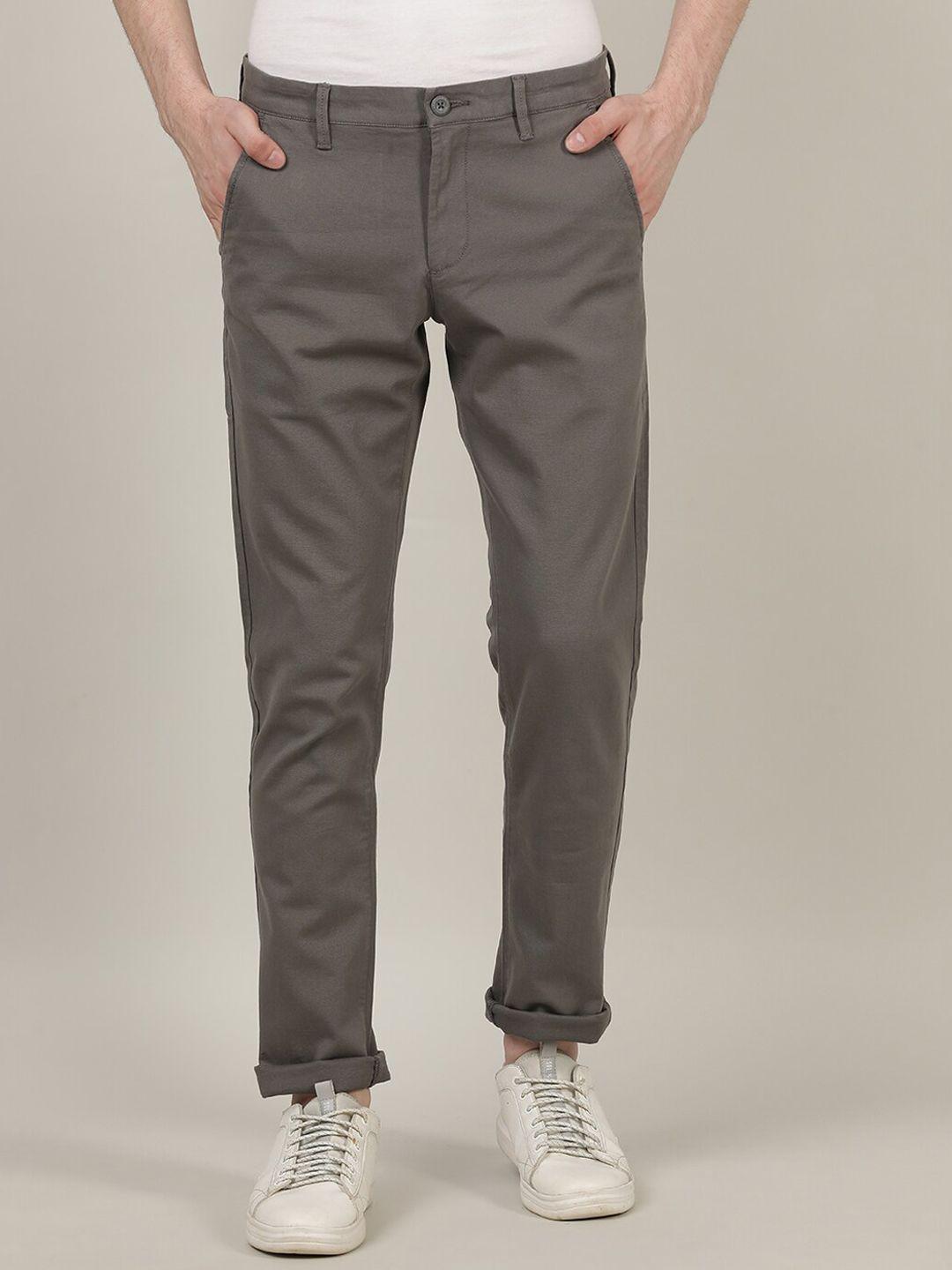 crocodile men grey solid smart slim fit cotton chinos trousers