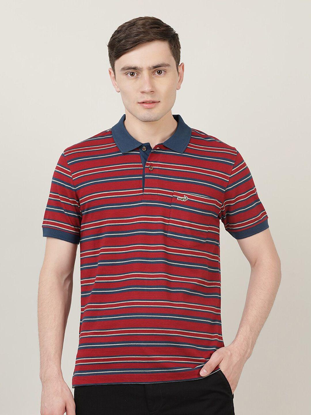 crocodile men maroon & blue striped polo collar pure cotton t-shirt