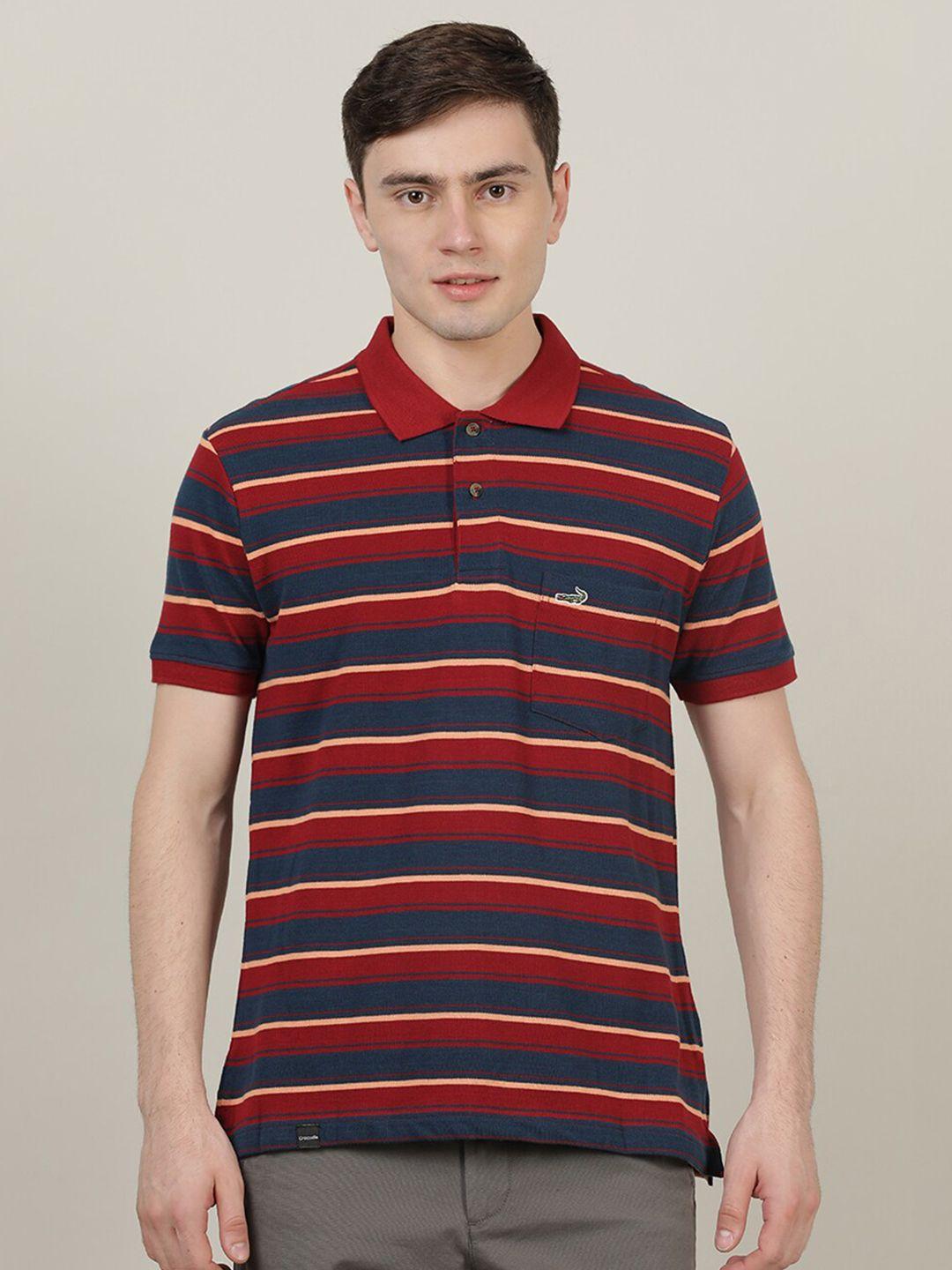 crocodile men maroon & blue striped polo collar slim fit t-shirt