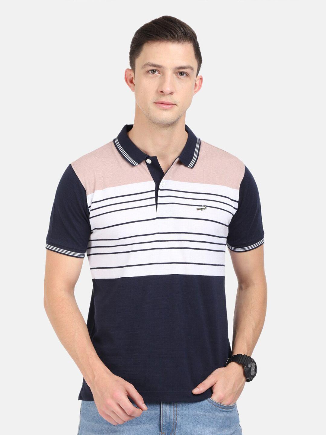 crocodile men navy blue & white striped polo collar slim fit cotton t-shirt