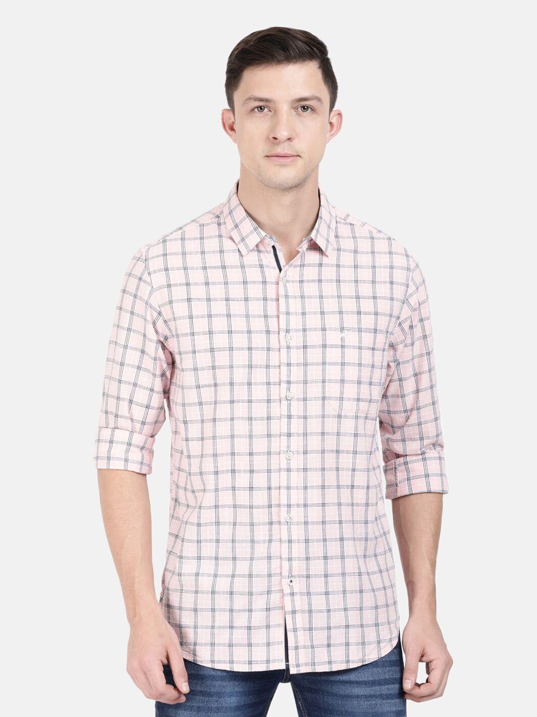 crocodile men pink & navy blue classic slim fit grid tattersall checked casual shirt