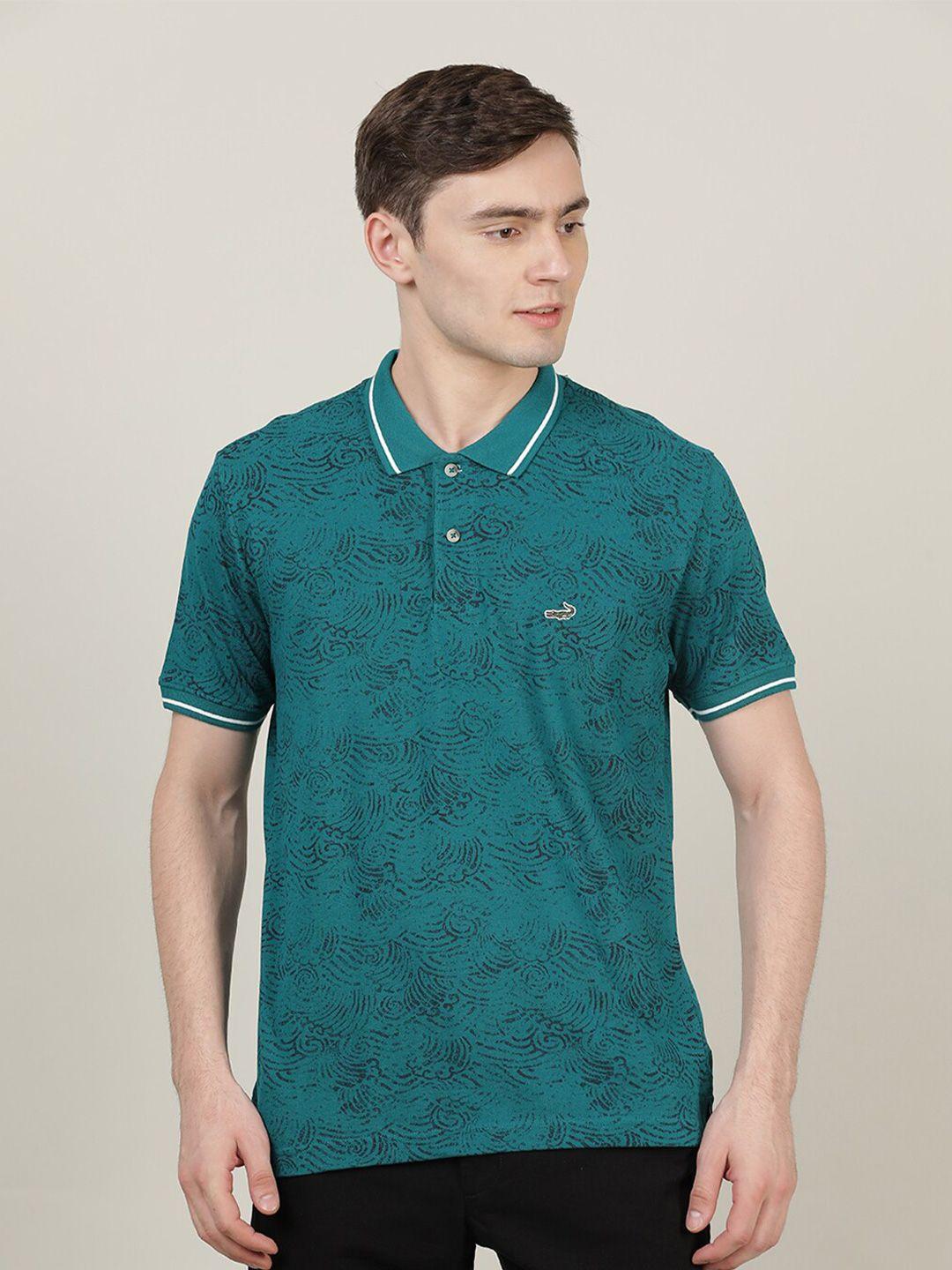 crocodile men teal printed polo collar slim fit cotton t-shirt