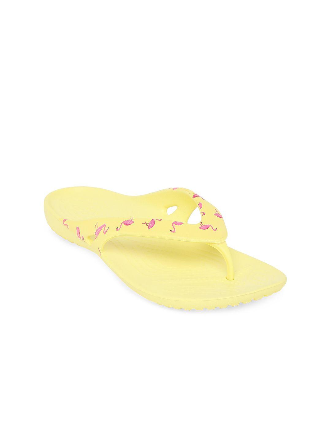 crocs kadee  women yellow  pink printed croslite thong flip-flops