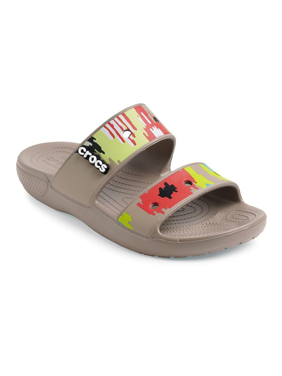 crocs unisex beige printed sliders