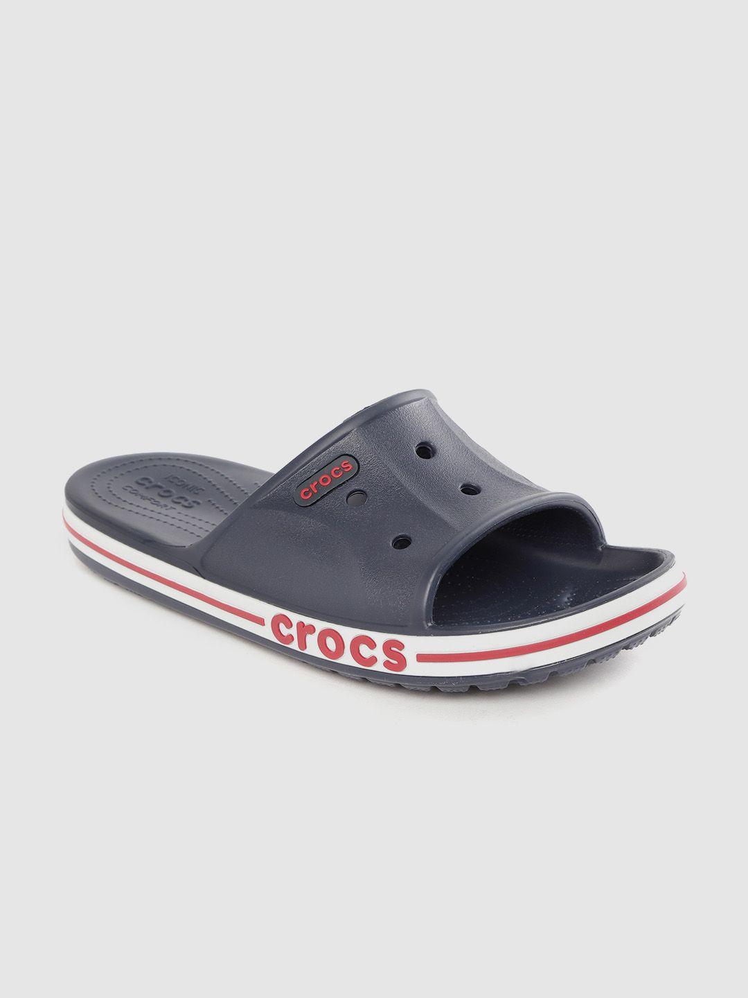 crocs unisex navy blue solid cut-work sliders