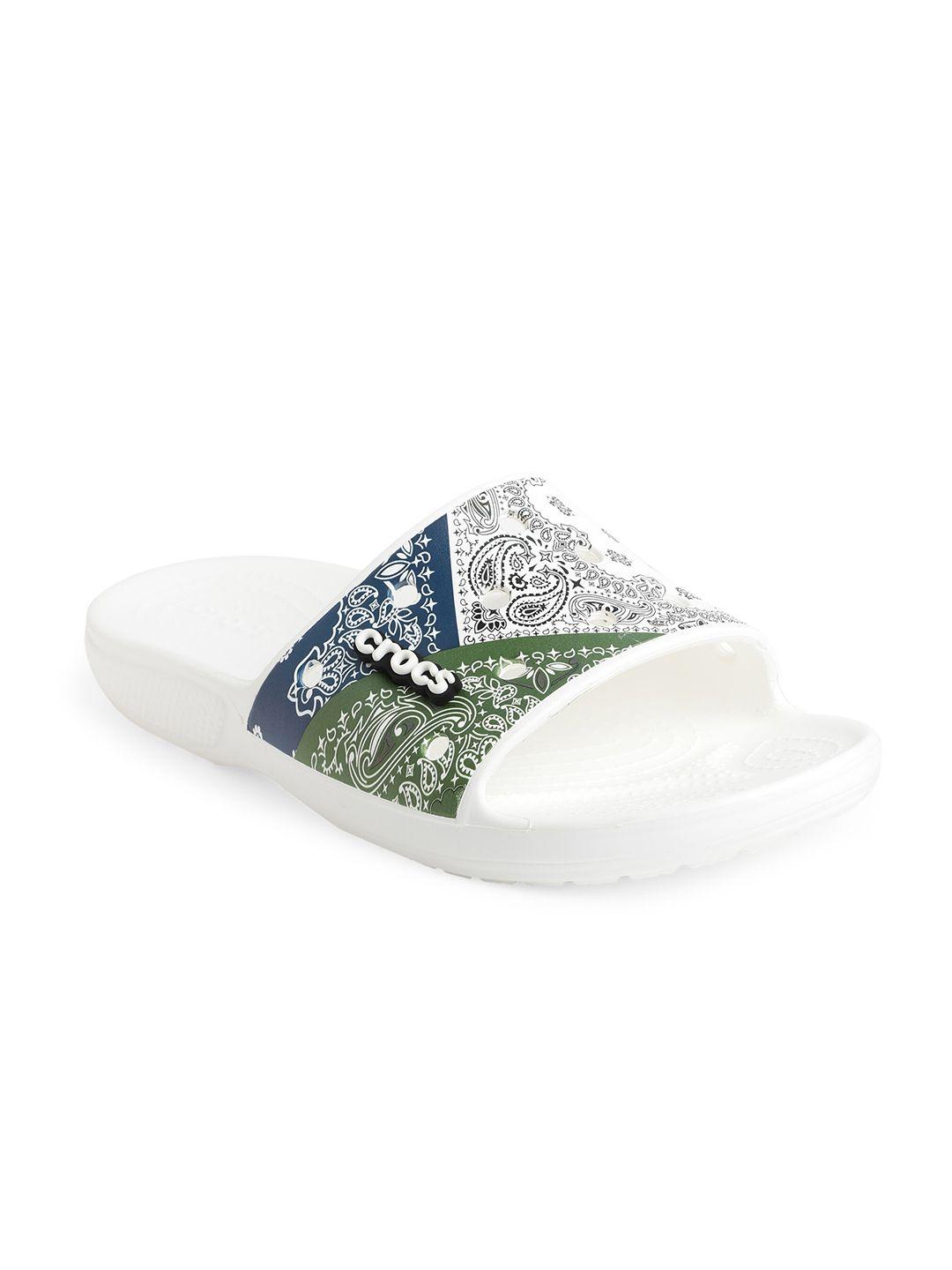 crocs white & green printed croslite sliders