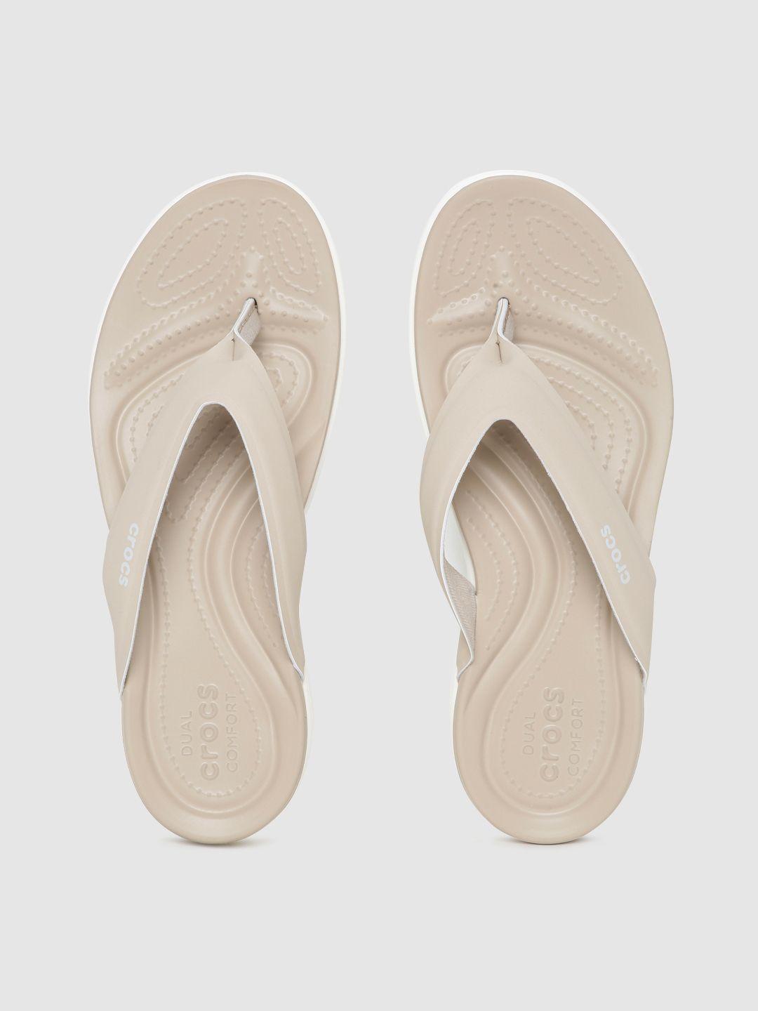 crocs women beige self design croslite sporty thong flip-flops