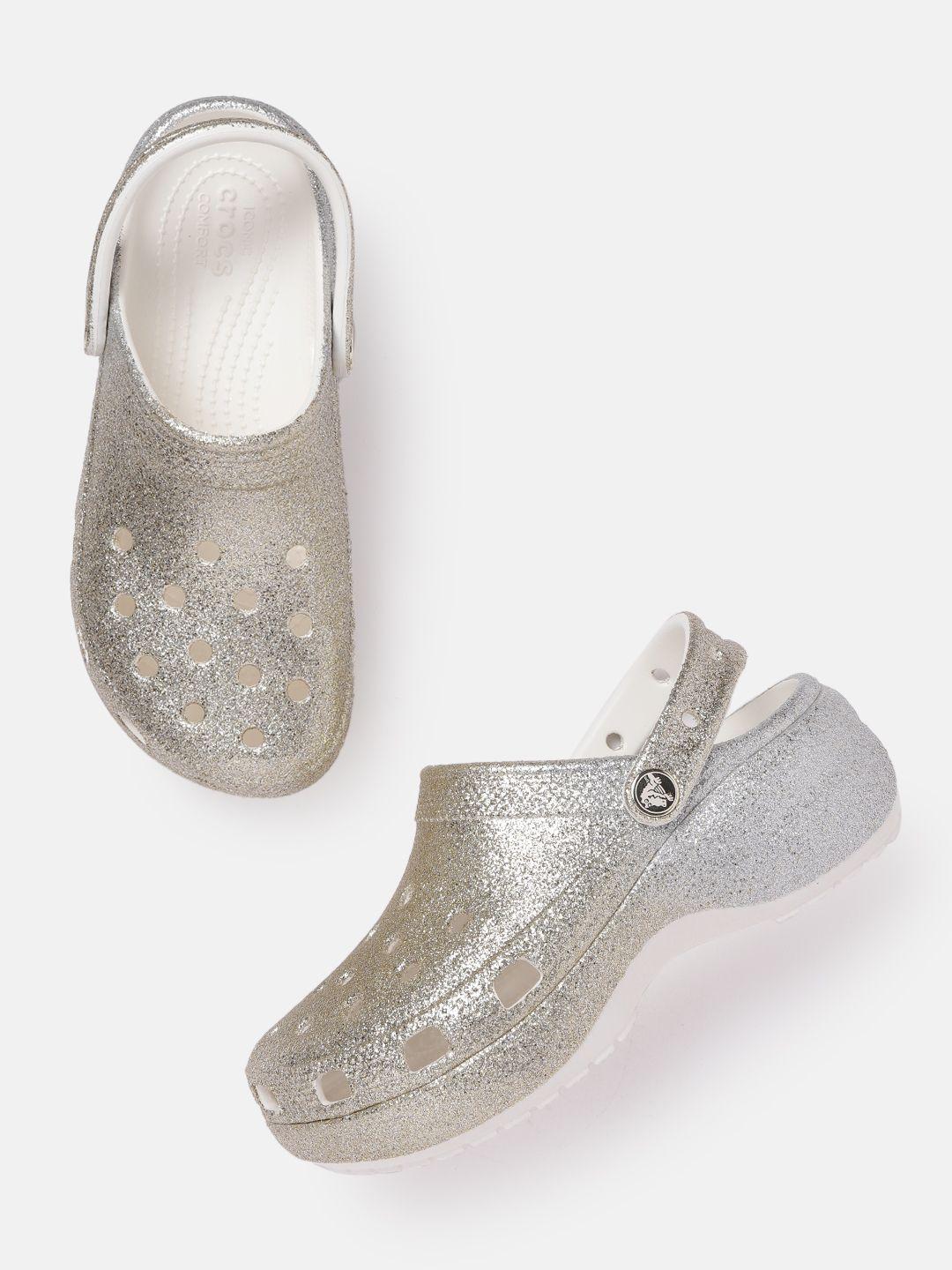 crocs women gold-toned & white shimmery croslite clogs