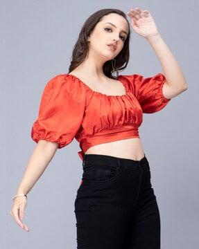 crop blouson top with puff sleeves