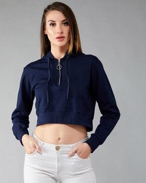 crop hoodie with zip placket