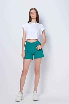 crop length denim women's casual wear shorts - green