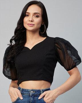 crop top with mesh puff sleeves