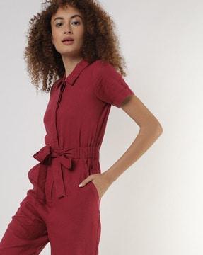 cropped button-down jumpsuit with waist tie-up