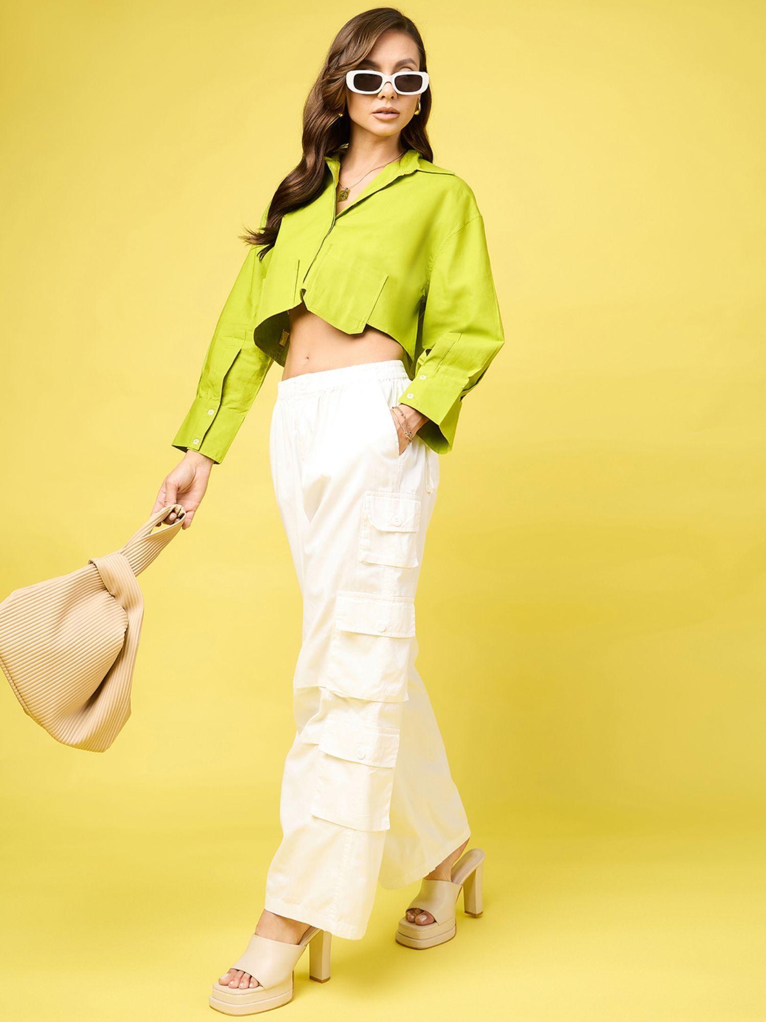 cropped cotton shirt with pocket - neon green