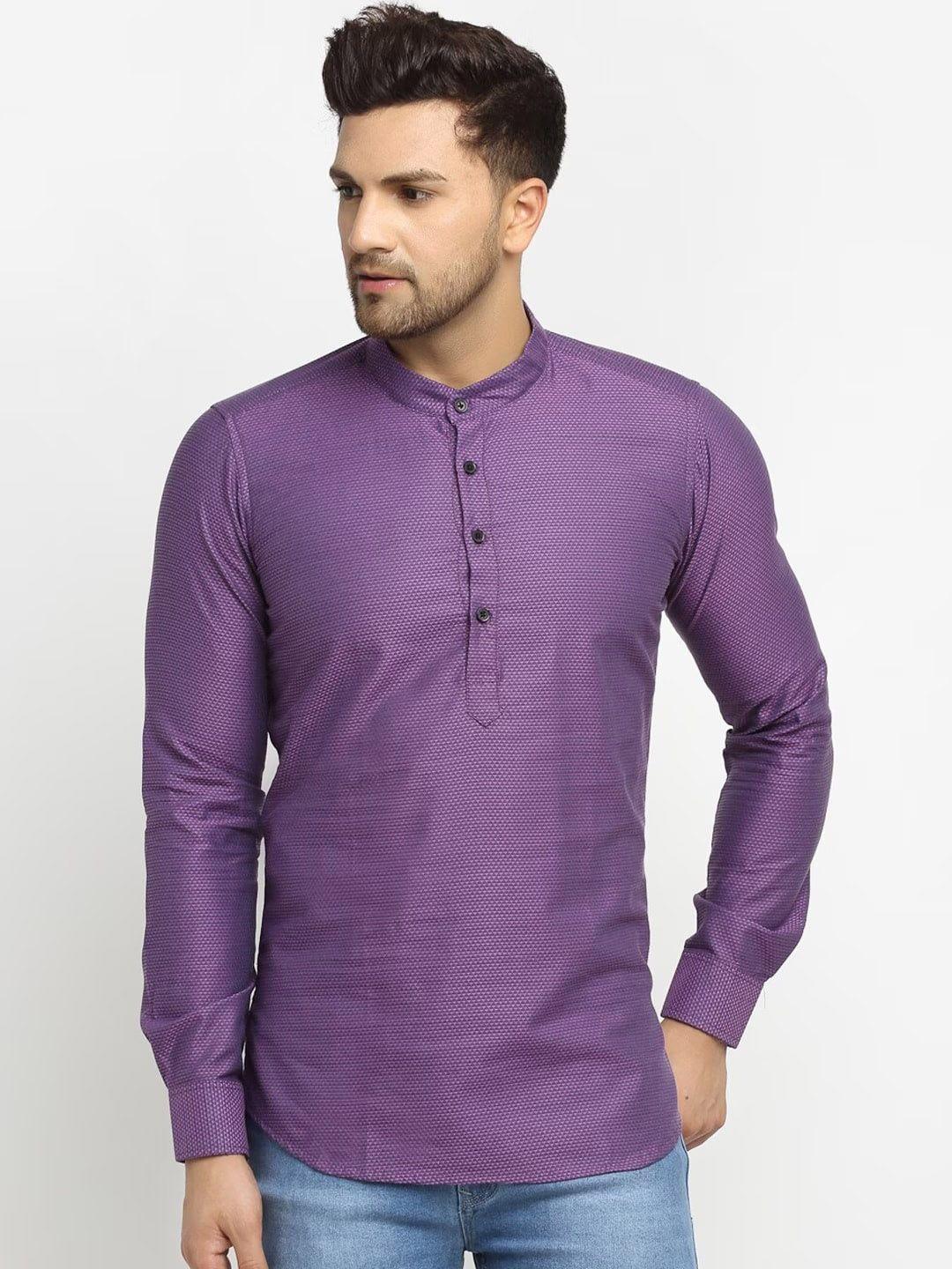 cross court band collar woven design short straight pure cotton kurta