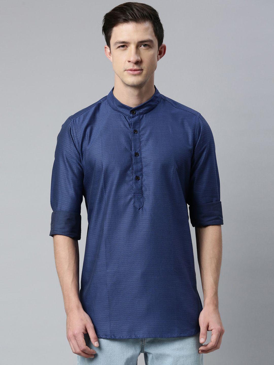 cross court men blue woven design dobby straight cotton kurta