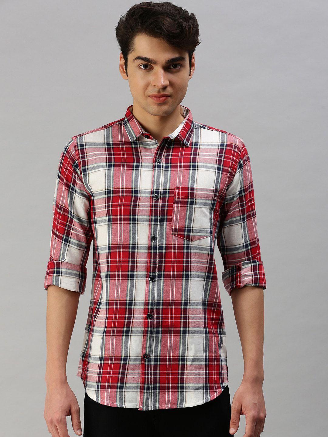 cross court men red tartan checked cotton casual shirt