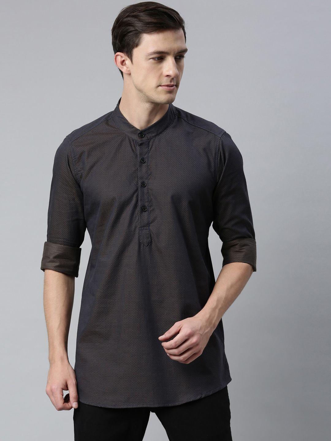 cross court woven design band collar pure cotton short kurta