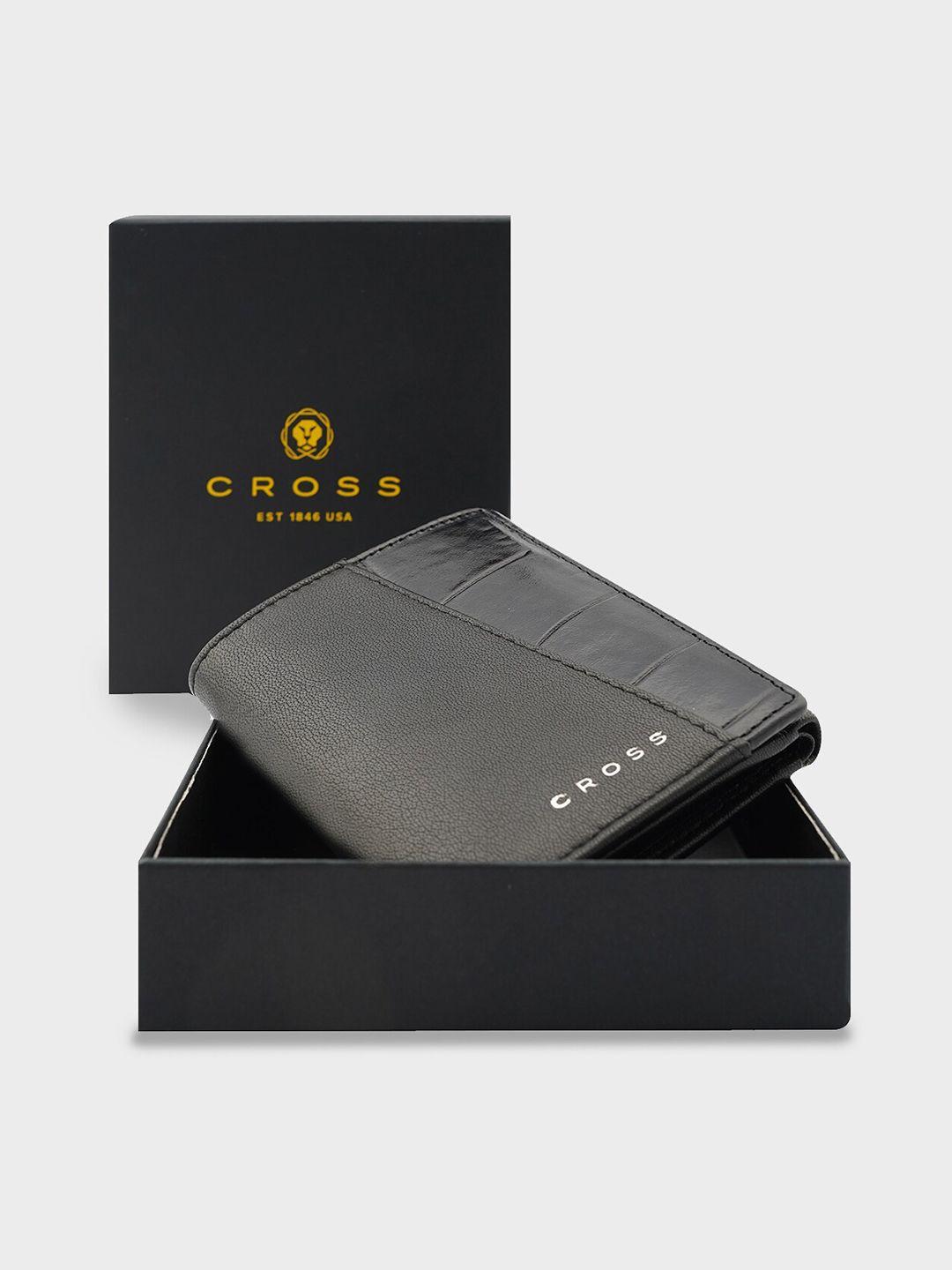 cross men black textured leather three fold wallet