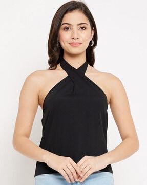 cross neckline sleeveless top