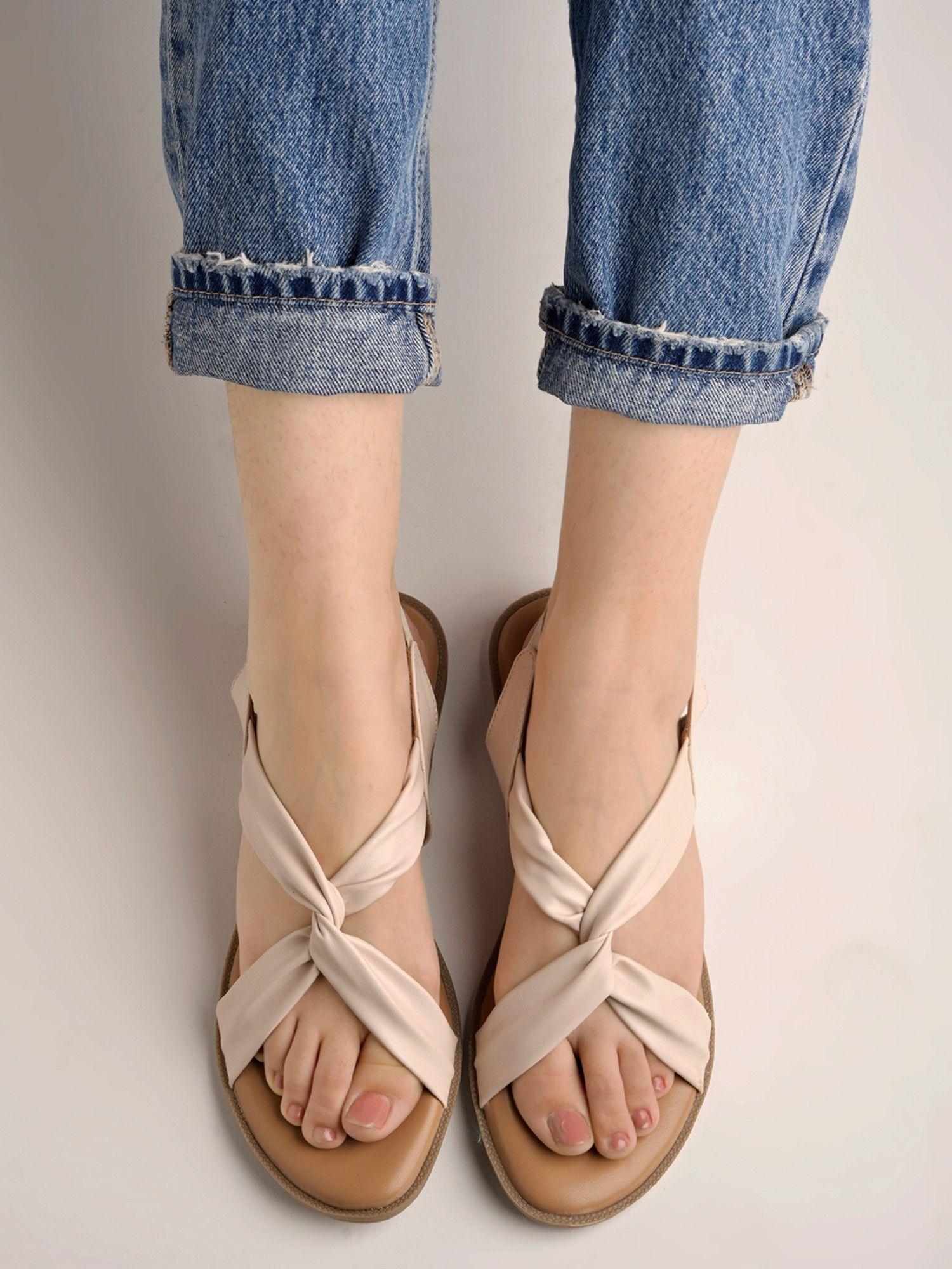 cross strap cream flat sandals for women