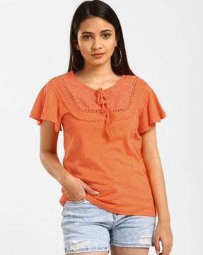 crotchet embroidered top with tie-up neckline