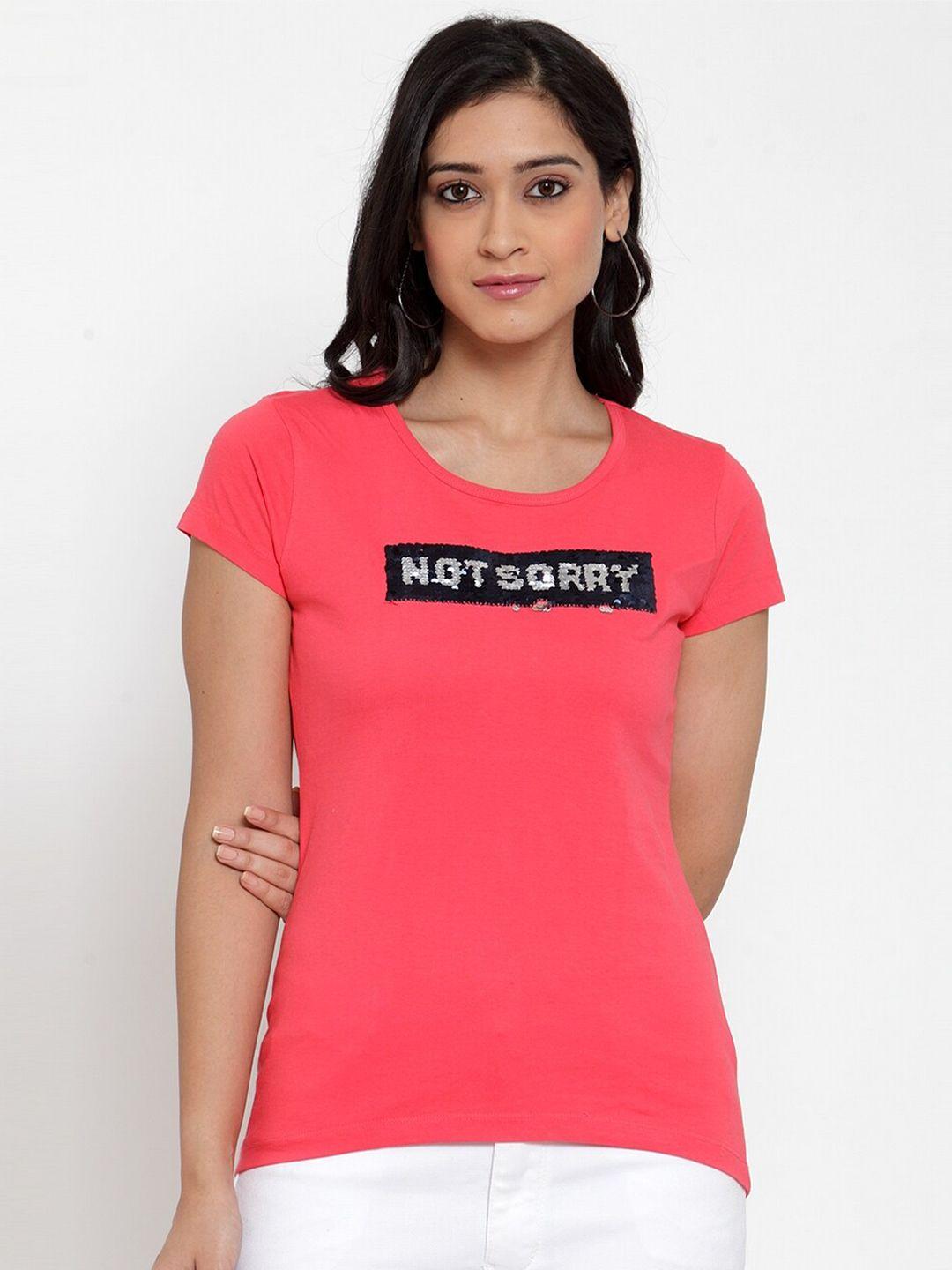 crozo by cantabil women fuchsia typography printed slim fit t-shirt
