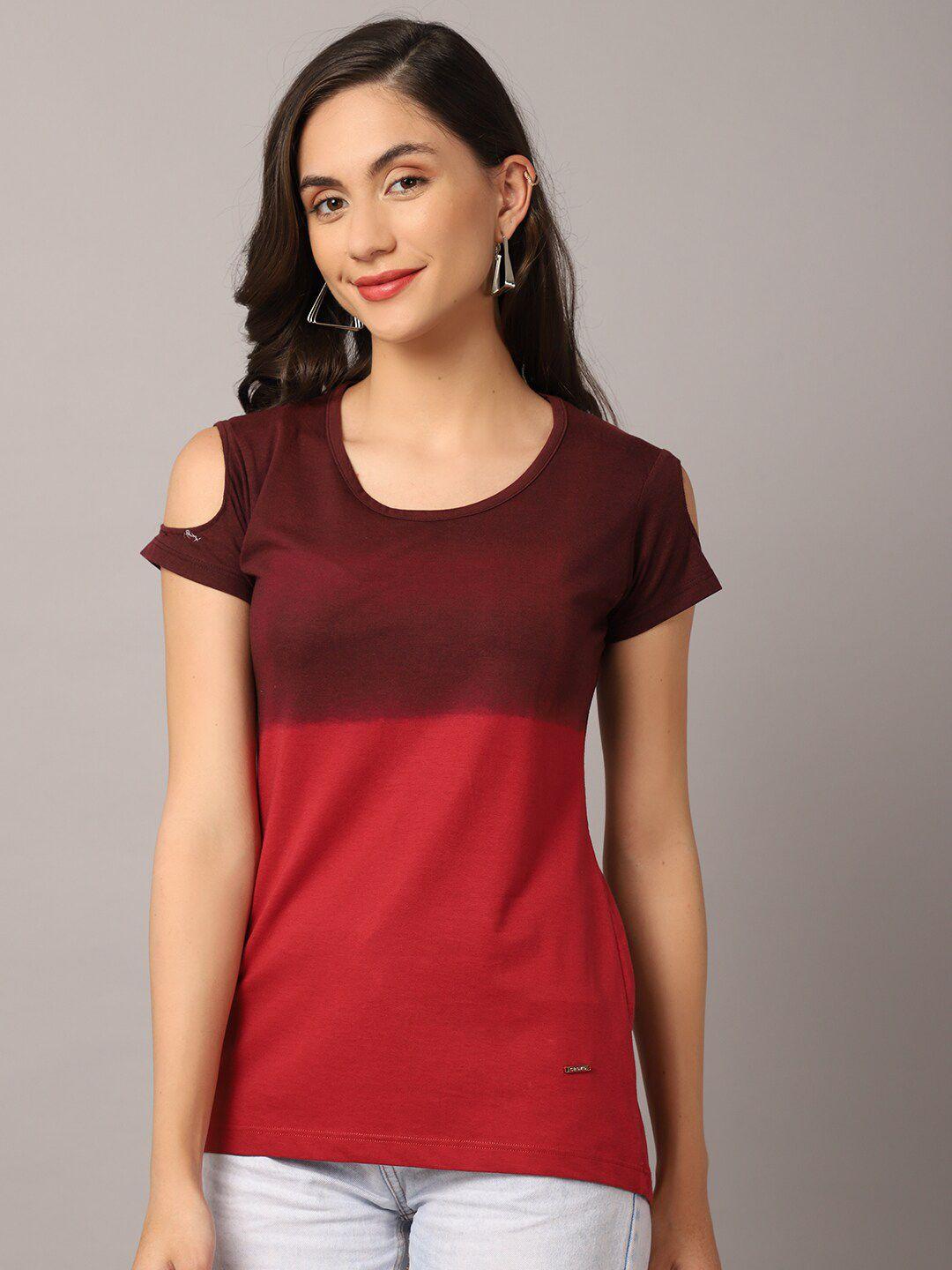 crozo by cantabil women maroon & red colourblocked t-shirt