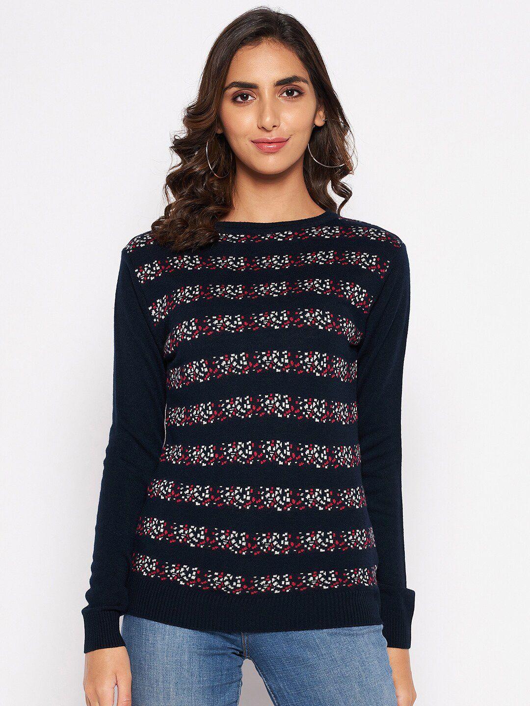 crozo by cantabil women navy blue & pink printed acrylic pullover