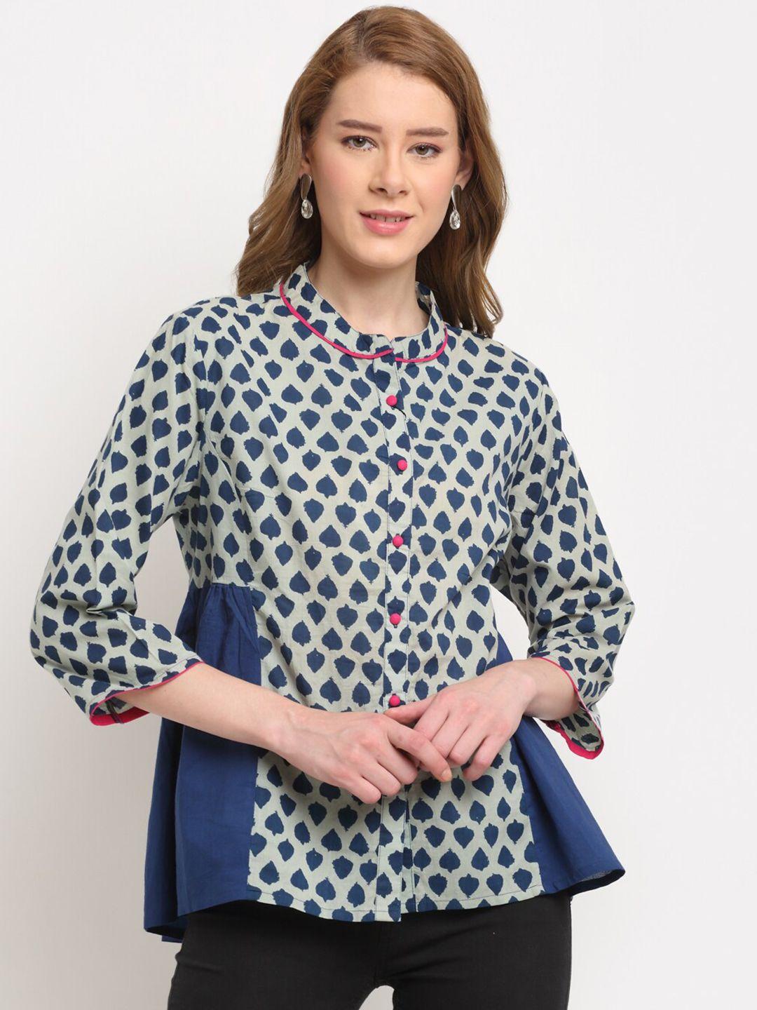 crozo by cantabil blue ethnic motifs print mandarin collar pure cotton indigo top