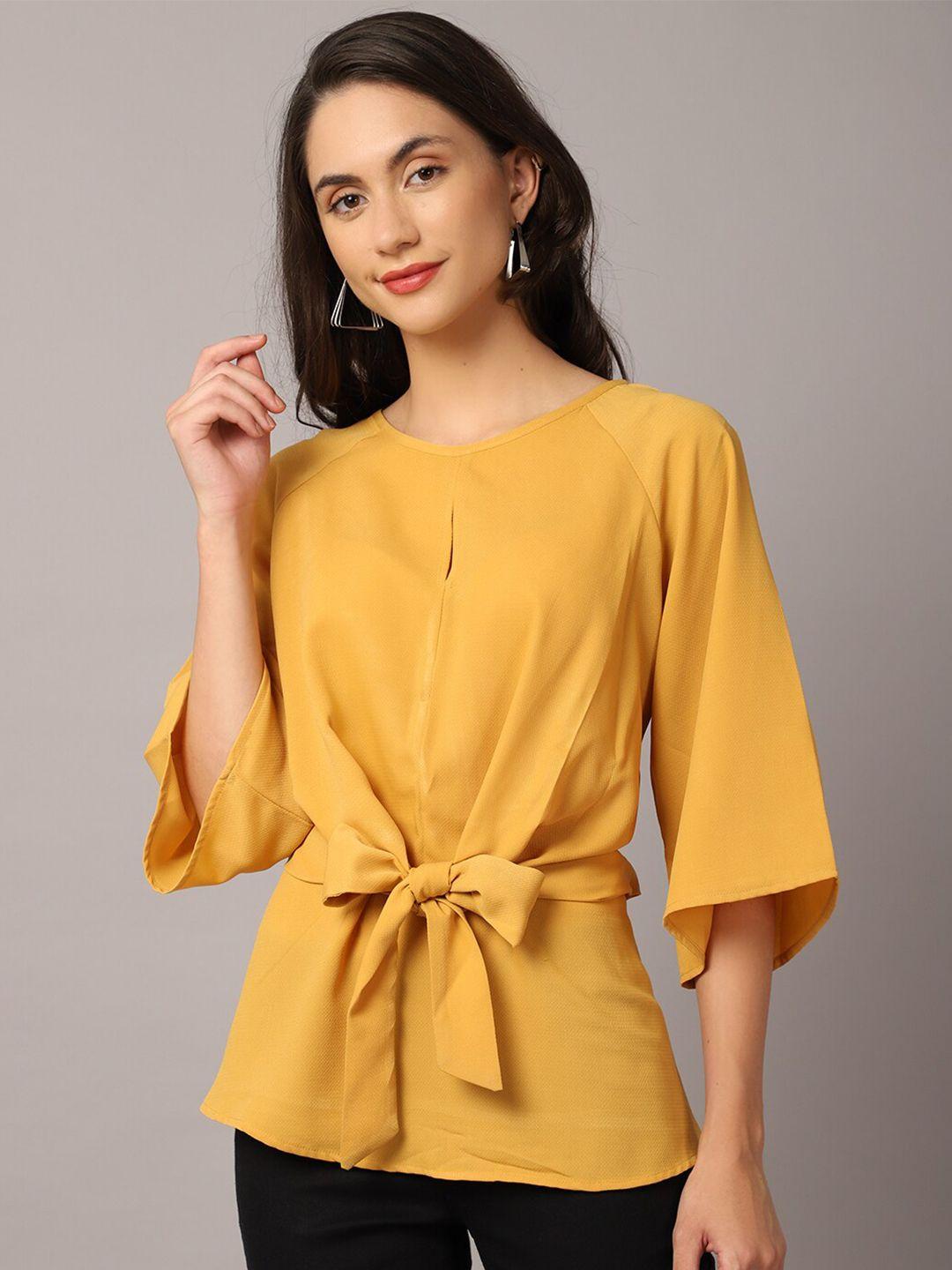 crozo by cantabil mustard yellow cinched waist top