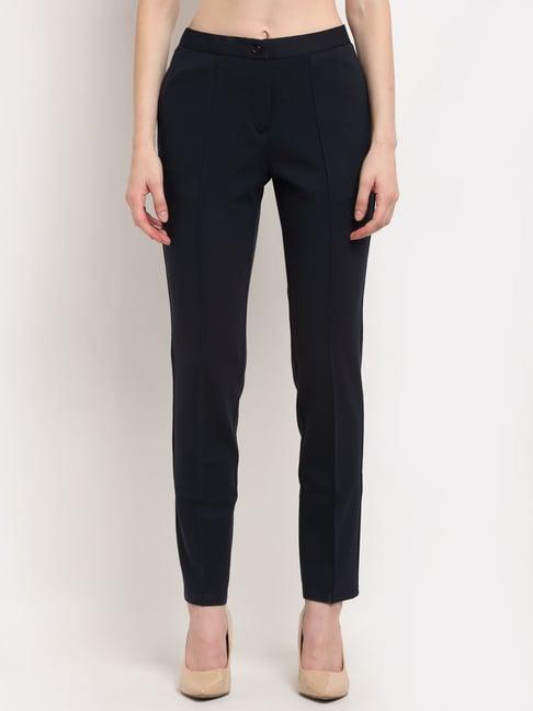 crozo by cantabil navy flat front trousers