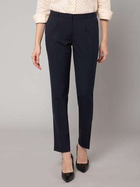 crozo by cantabil navy pleated trousers