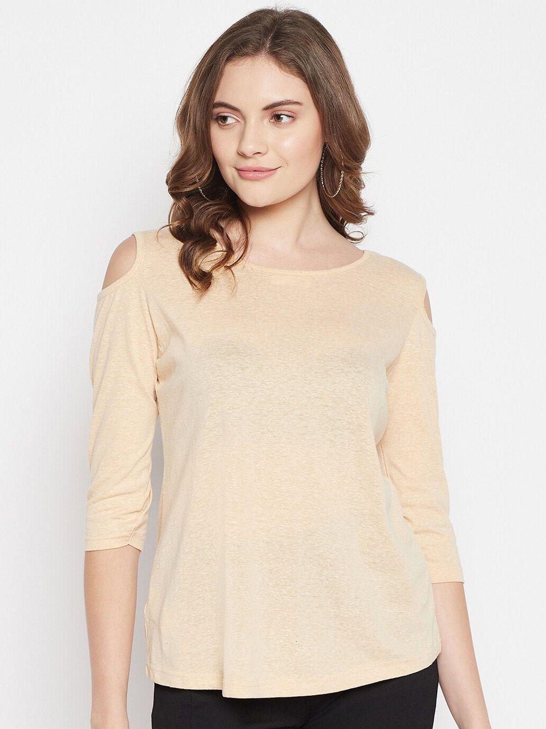 crozo by cantabil women beige solid cold shoulder sleeves top