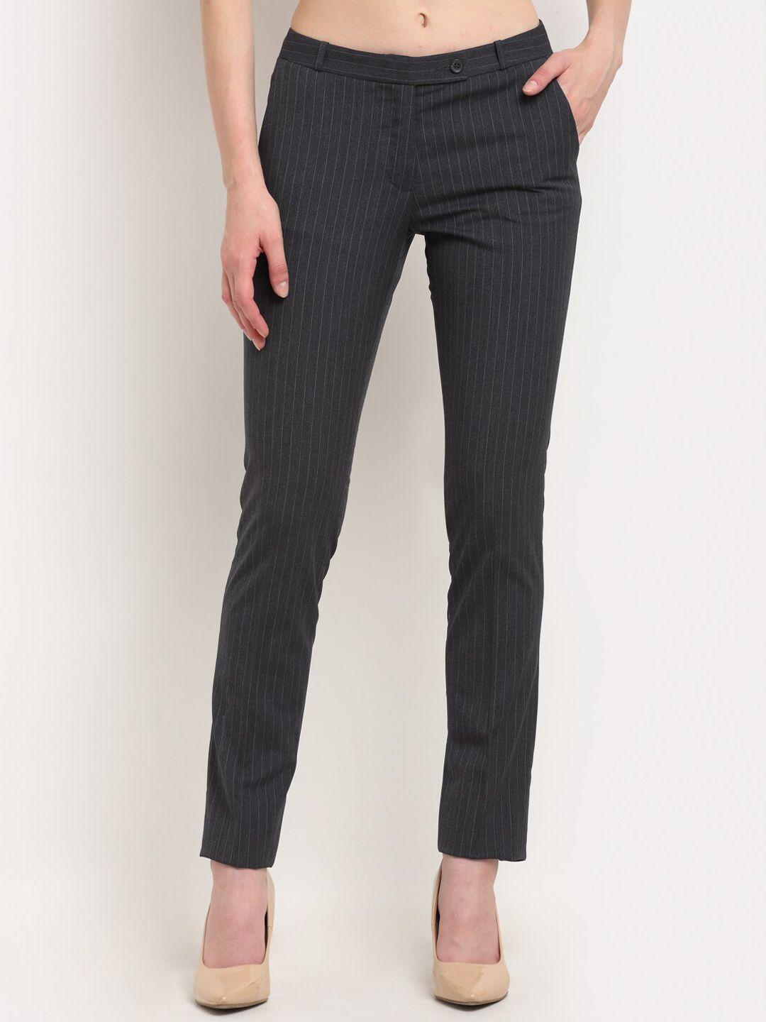 crozo by cantabil women grey striped slim fit cotton formal trousers