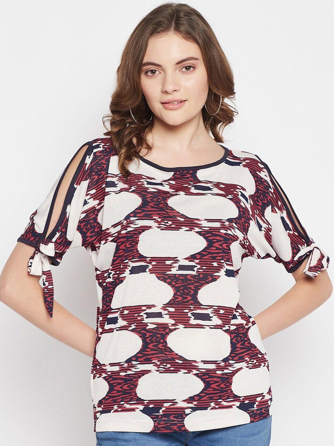 crozo by cantabil women maroon & white abstract printed top
