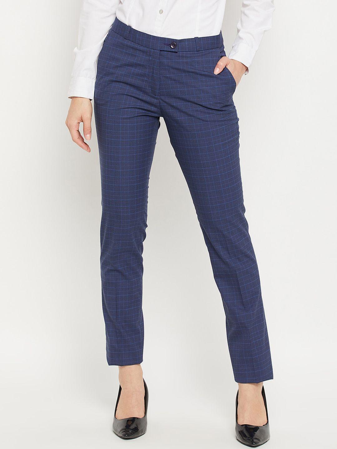 crozo by cantabil women navy blue checked formal trouser