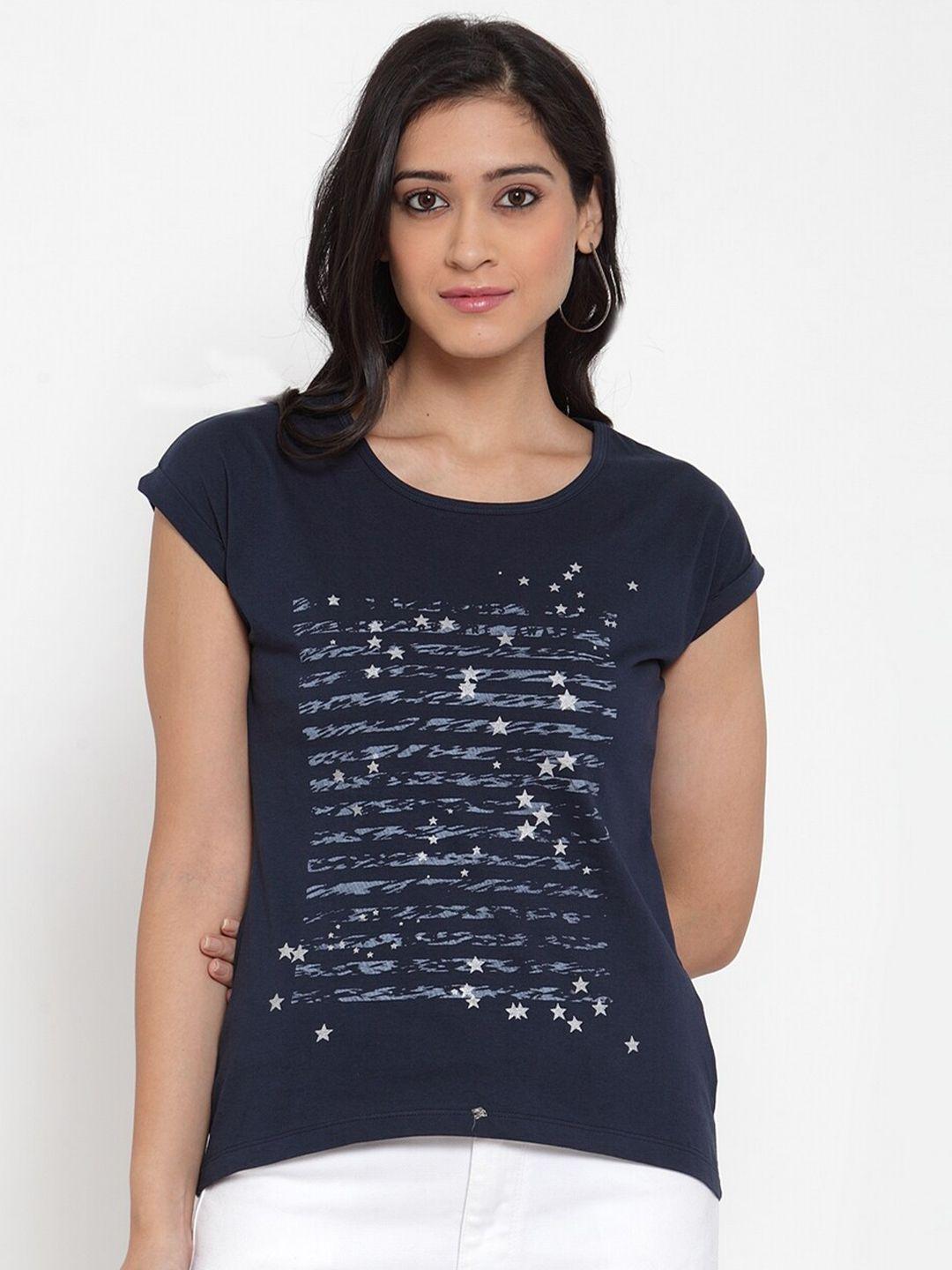 crozo by cantabil women navy blue printed slim fit t-shirt