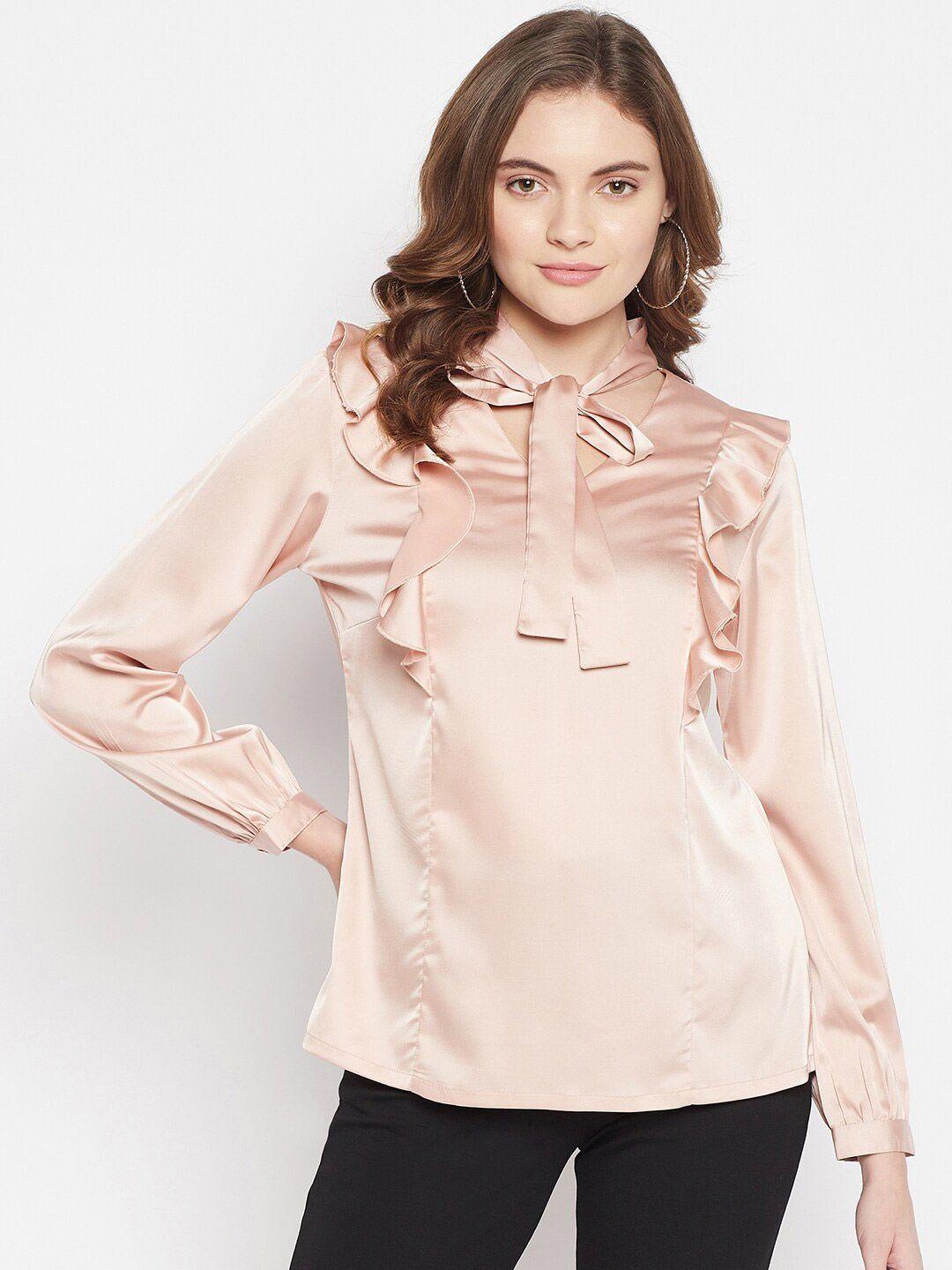 crozo by cantabil women pink tie-up neck cuffed sleeves satin top